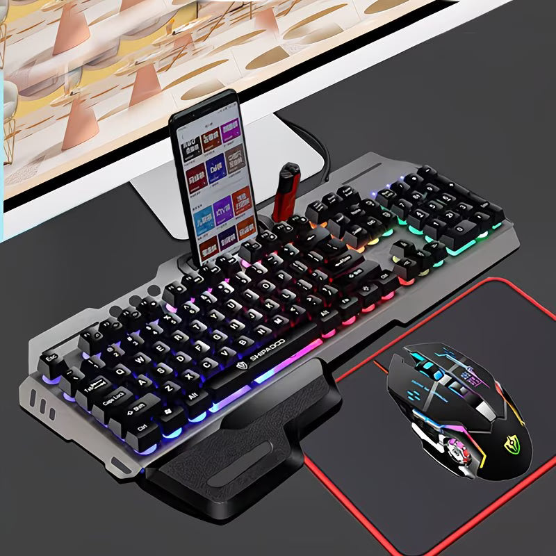 Wired Gaming Keyboard And Mouse Set with a Mouse Pad, Featuring Rainbow LED Lighting on The Keyboard And Mouse,