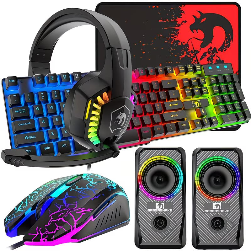 Wired Gaming Keyboard And Mouse And Mouse Pad And Gaming Headset And Speaker 5 In 1 Combo, Rainbow LED Backlit Keyboard, Headphone With Mic, Gaming Mice, Mouse Pad, for PC Gamers And Xbox And PS4