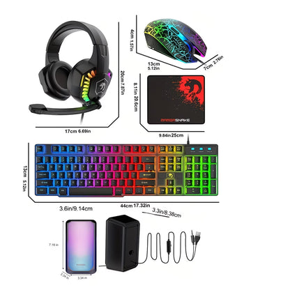 Wired Gaming Keyboard And Mouse And Mouse Pad And Gaming Headset And Speaker 5 In 1 Combo, Rainbow LED Backlit Keyboard, Headphone With Mic, Gaming Mice, Mouse Pad, for PC Gamers And Xbox And PS4
