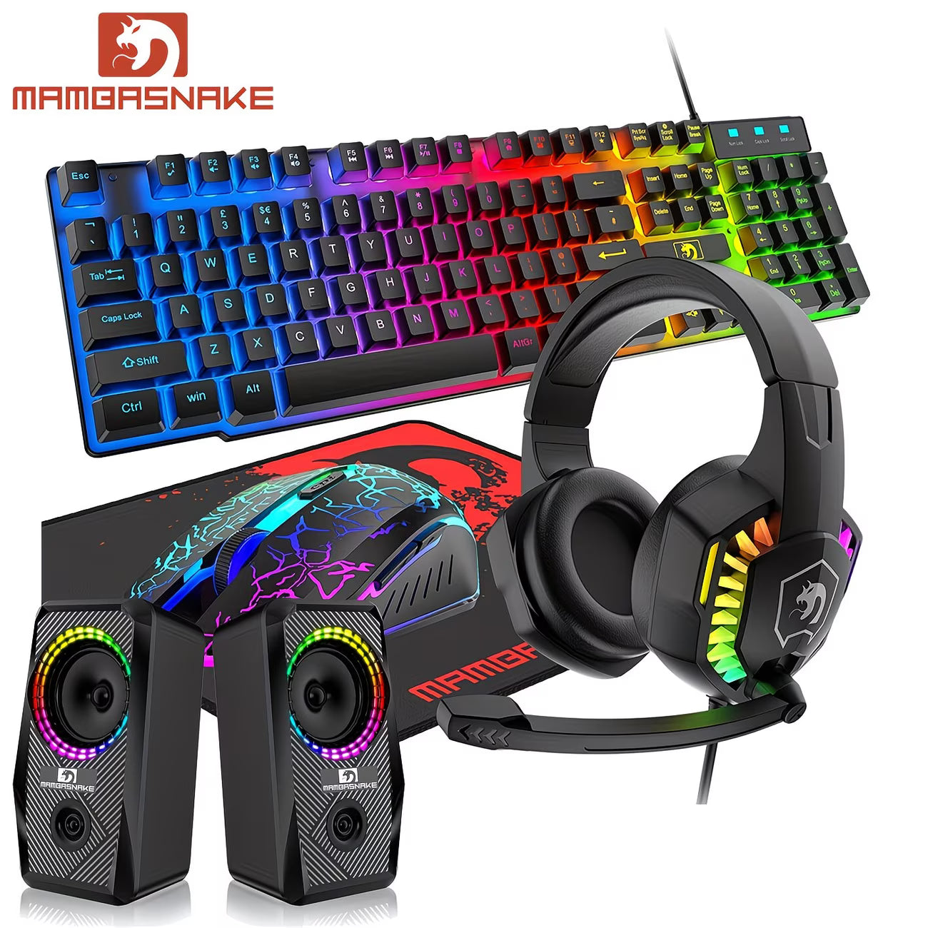 Wired Gaming Keyboard And Mouse And Mouse Pad And Gaming Headset And Speaker 5 In 1 Combo, Rainbow LED Backlit Keyboard, Headphone With Mic, Gaming Mice, Mouse Pad, for PC Gamers And Xbox And PS4